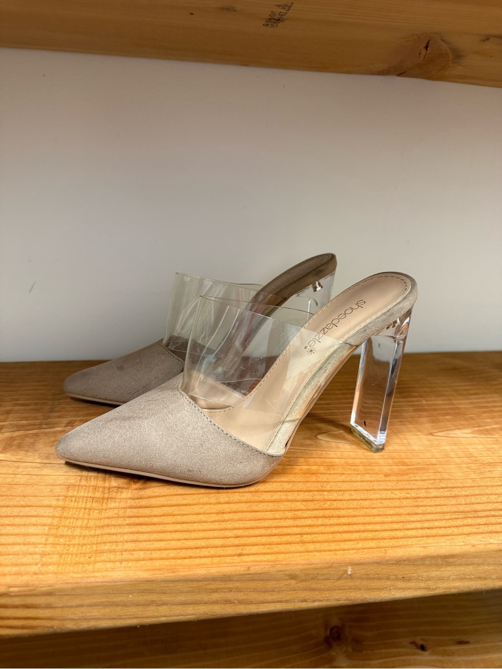Clear Strap Taupe Pointed-Toe Mules